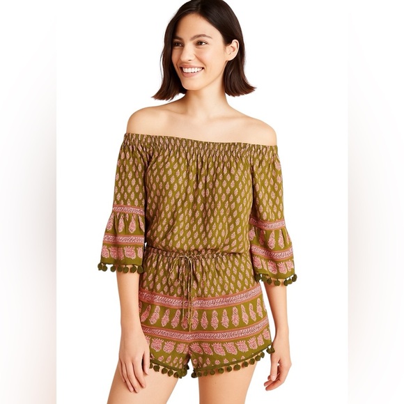 Anthropologie Raga Off-Shoulder Romper Green Pink Boho Pom-Pom Trim Size Small - Picture 1 of 15